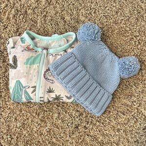 Bestaroo Dinosaur Footie Baby Pajama 6-9M  and One Size Cotton On Knit Beanie